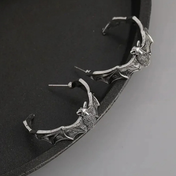NEW Dolls Kill Silver Bats Gothic Vampire Witchy Style Hoop Earrings - Picture 4 of 15